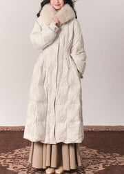 Elegant Beige Fur Collar Print Button Tunic Maxi Down Jackets Winter