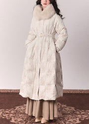 Elegant Beige Fur Collar Print Button Tunic Maxi Down Jackets Winter