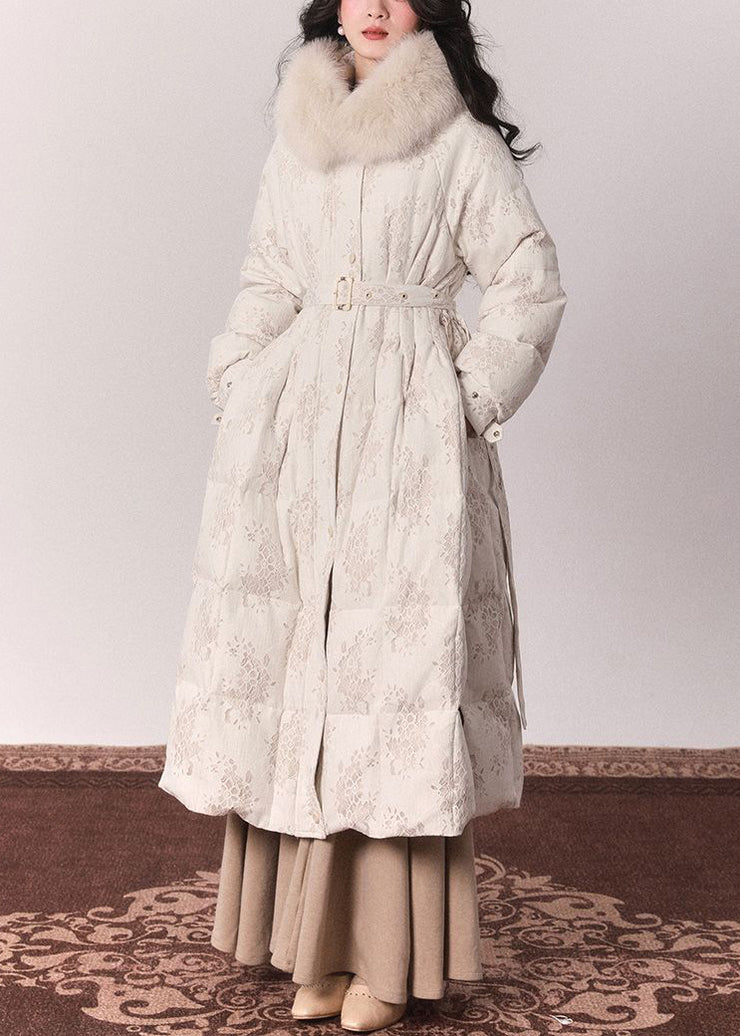 Elegant Beige Fur Collar Print Button Tunic Maxi Down Jackets Winter