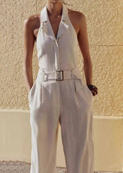 Elegant Beige Halter Pockets Cotton Jumpsuit Sleeveless