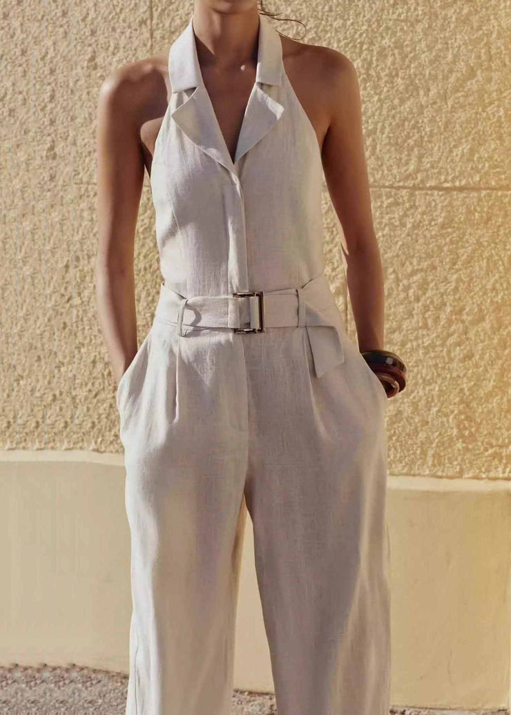 Elegant Beige Halter Pockets Cotton Jumpsuit Sleeveless