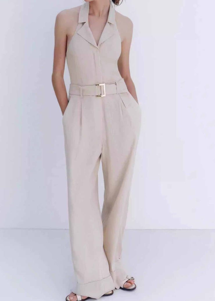 Elegant Beige Halter Pockets Cotton Jumpsuit Sleeveless