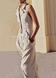 Elegant Beige Halter Pockets Cotton Jumpsuit Sleeveless
