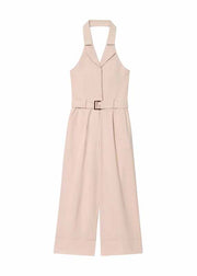 Elegant Beige Halter Pockets Cotton Jumpsuit Sleeveless