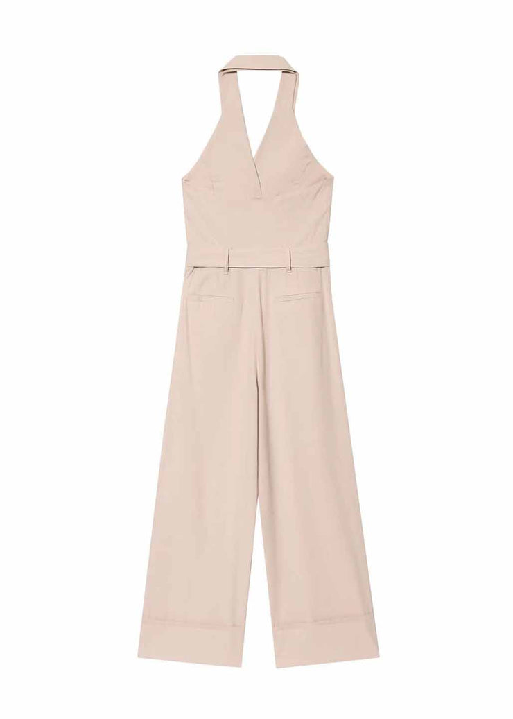 Elegant Beige Halter Pockets Cotton Jumpsuit Sleeveless
