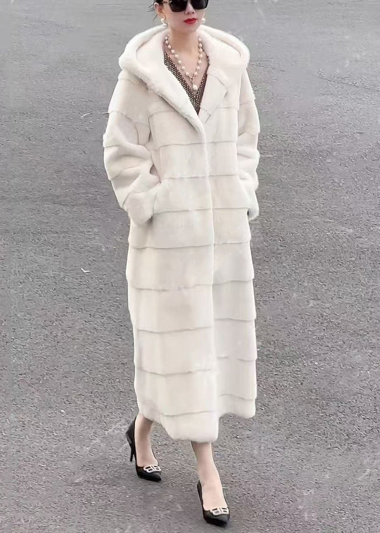 Elegant Beige Hooded Pockets Leather And Fur Long Coats Winter