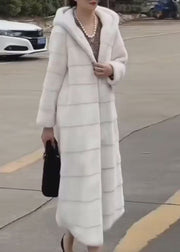 Elegant Beige Hooded Pockets Leather And Fur Long Coats Winter