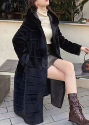 Elegant Beige Hooded Pockets Leather And Fur Long Coats Winter