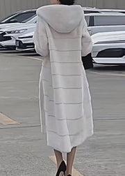 Elegant Beige Hooded Pockets Leather And Fur Long Coats Winter