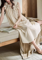 Elegant Beige Original Design Lace Up Cotton Long Dress Sleeveless