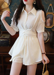 Elegant Beige Pearl Shirts And Shorts Cotton Two-Piece Set Summer