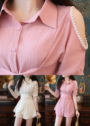 Elegant Beige Pearl Shirts And Shorts Cotton Two-Piece Set Summer