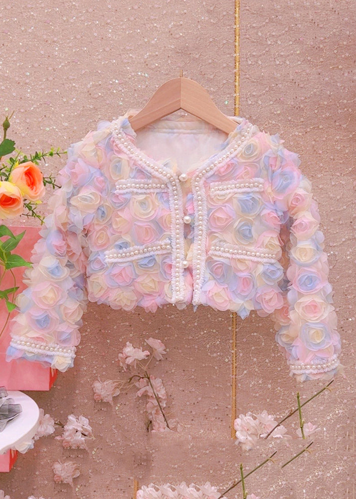 Elegant Beige Pearl Tulle Patchwork Girls Two Pieces Set Fall