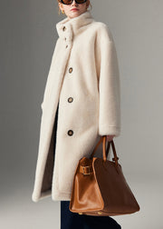 Elegant Beige Stand Collar Button Leather And Fur Coats Winter