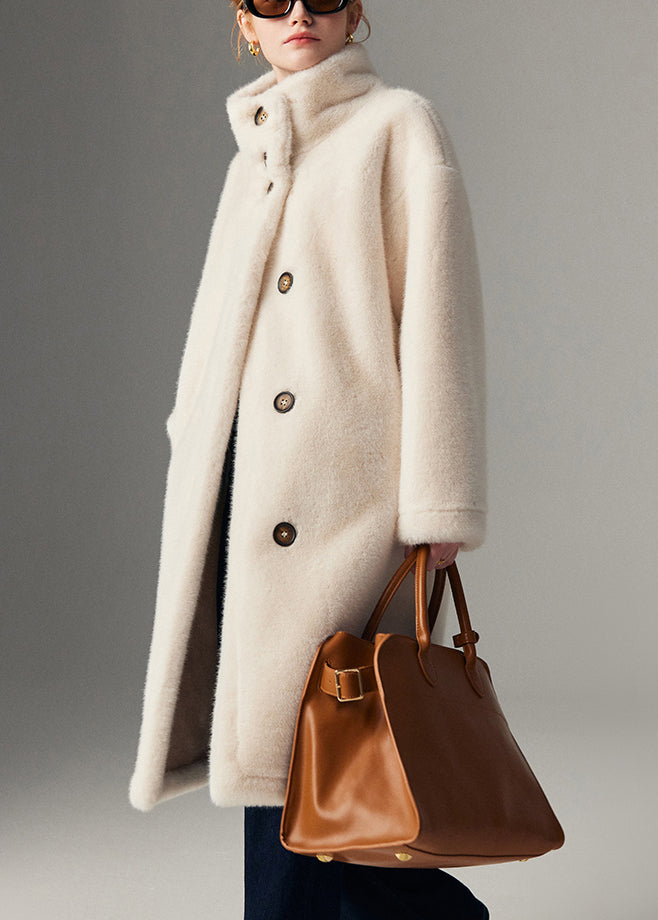 Elegant Beige Stand Collar Button Leather And Fur Coats Winter