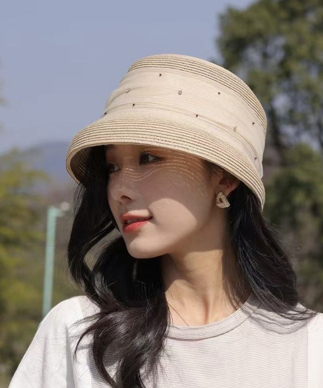 Elegant Beige Tulle Zircon Straw Woven Bucket Hat