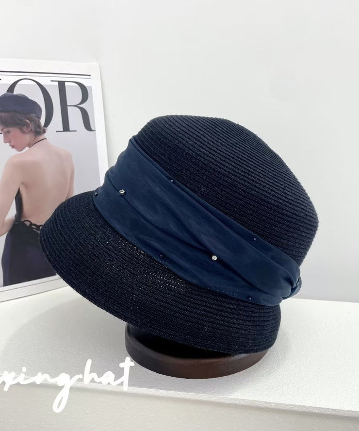 Elegant Beige Tulle Zircon Straw Woven Bucket Hat