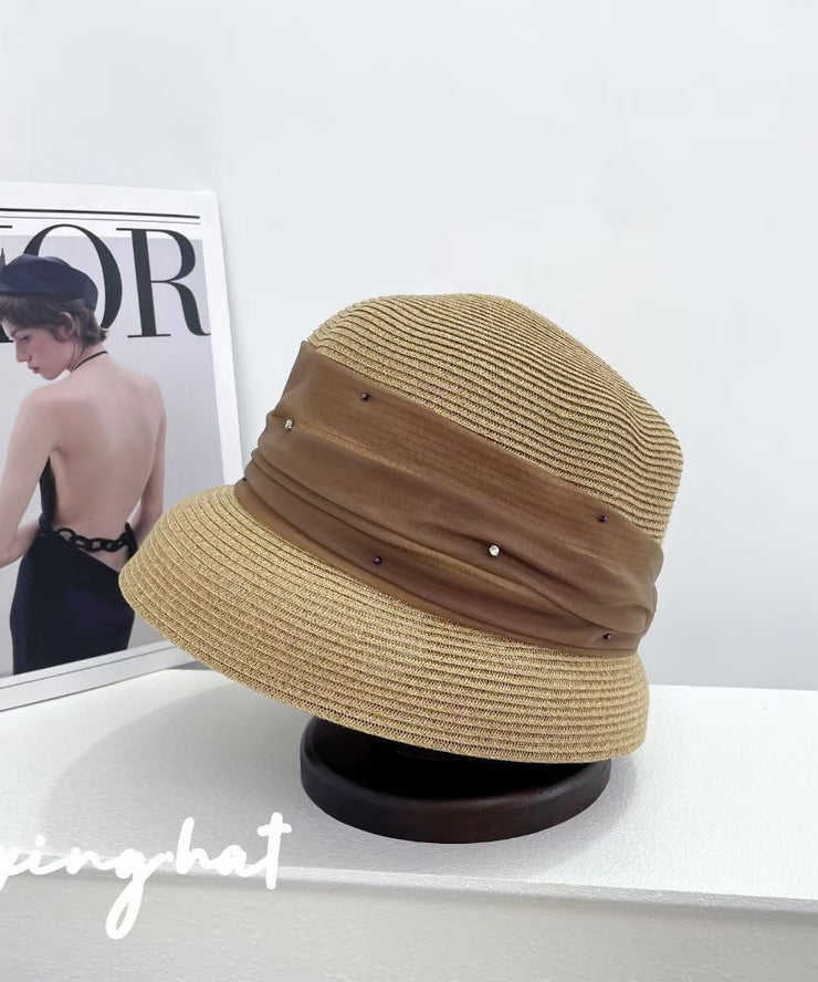 Elegant Beige Tulle Zircon Straw Woven Bucket Hat