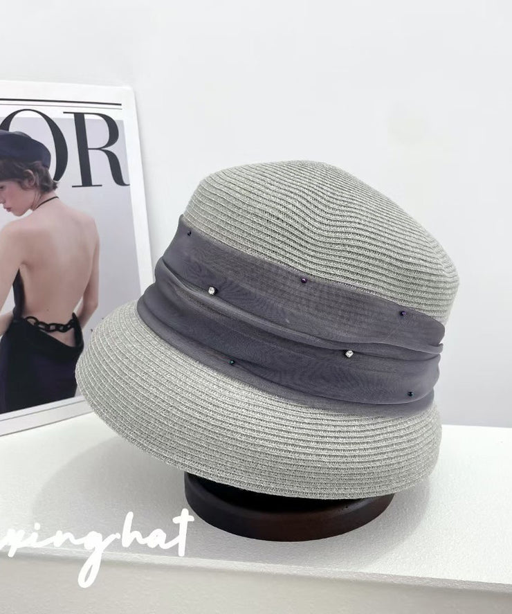 Elegant Beige Tulle Zircon Straw Woven Bucket Hat