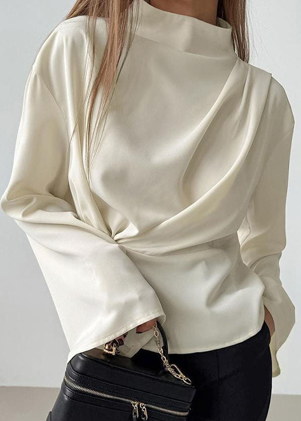 Elegant Beige Turtleneck Wrinkled Chiffon Shirt Fall