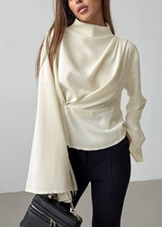 Elegant Beige Turtleneck Wrinkled Chiffon Shirt Fall