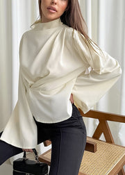 Elegant Beige Turtleneck Wrinkled Chiffon Shirt Fall