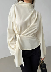 Elegant Beige Turtleneck Wrinkled Chiffon Shirt Fall