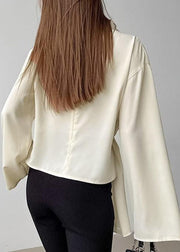 Elegant Beige Turtleneck Wrinkled Chiffon Shirt Fall