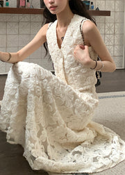 Elegant Beige V Neck Floral High Waist Cotton Two Pieces Set Sleeveless