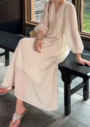 Elegant Beige V Neck High Waist Cotton Long Dress Fall