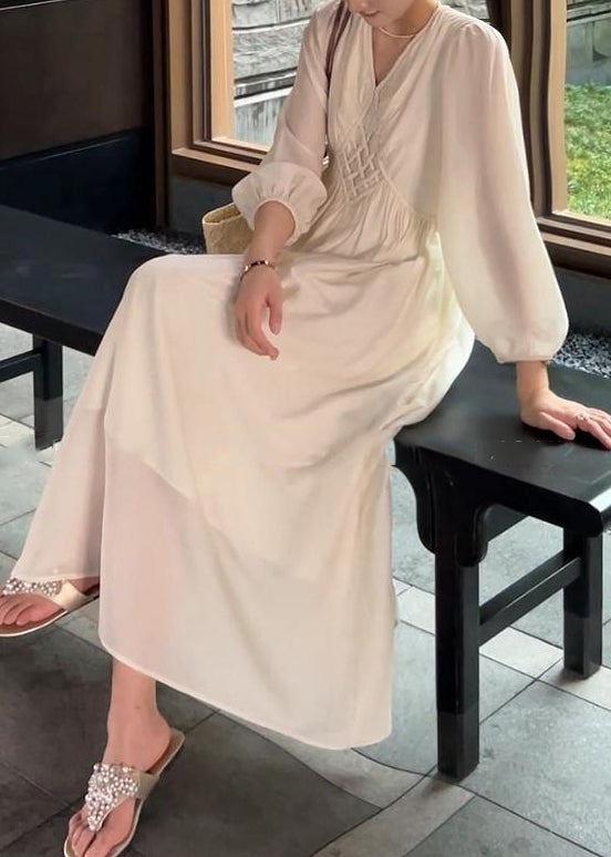 Elegant Beige V Neck High Waist Cotton Long Dress Fall