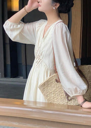 Elegant Beige V Neck High Waist Cotton Long Dress Fall