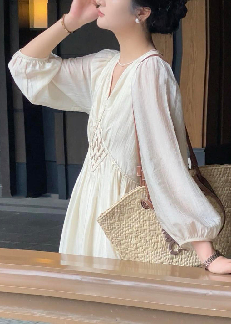Elegant Beige V Neck High Waist Cotton Long Dress Fall