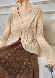 Elegant Beige V Neck Hollow Out Button Knit Cardigan Fall