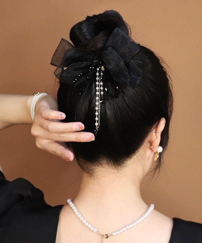 Elegant Black Acrylic Tulle Pearl Tassel Hairpin