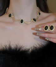 Elegant Black Alloy Gem Stone Drop Earrings And Princess Necklace Two-Piece Set