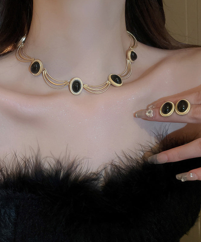 Elegant Black Alloy Gem Stone Drop Earrings And Princess Necklace Two-Piece Set