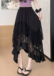 Elegant Black Asymmetrical Lace Patchwork Cotton Skirts