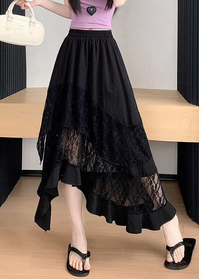 Elegant Black Asymmetrical Lace Patchwork Cotton Skirts