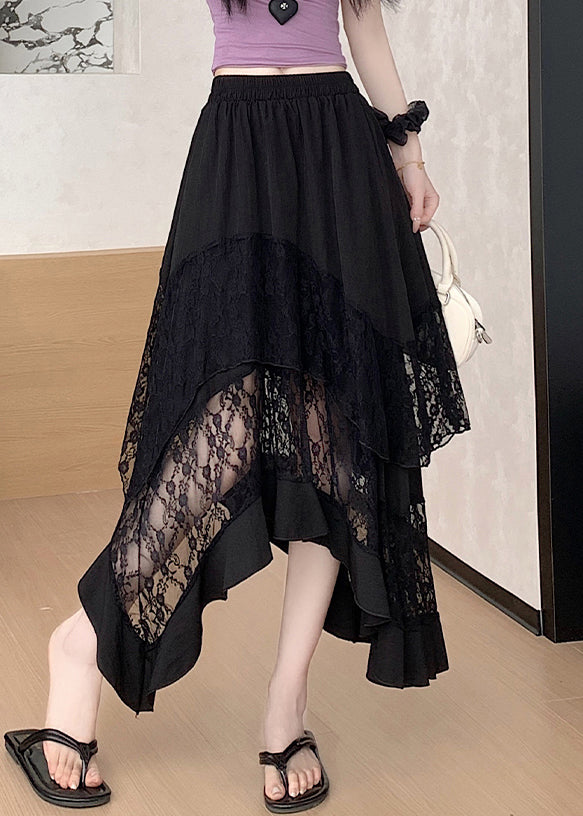 Elegant Black Asymmetrical Lace Patchwork Cotton Skirts