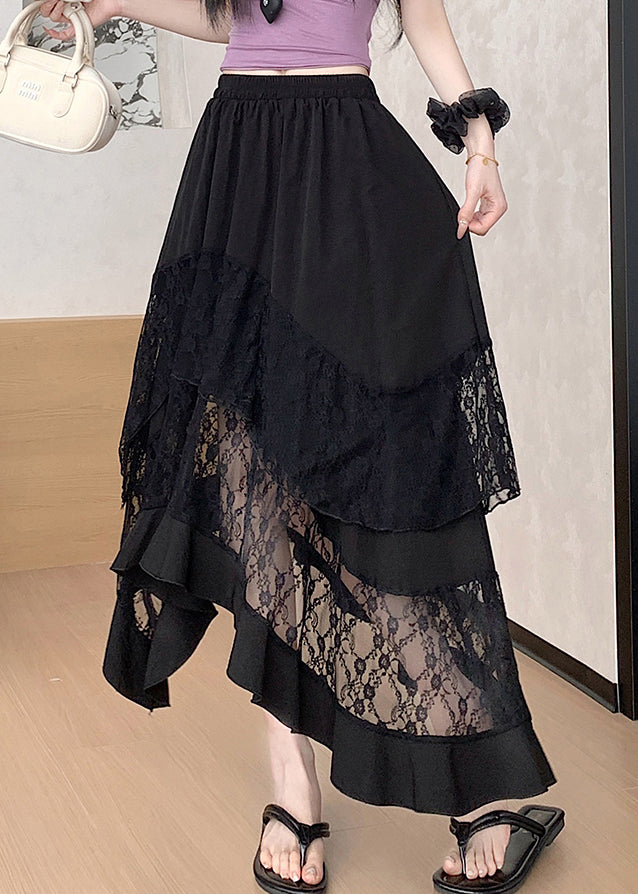 Elegant Black Asymmetrical Lace Patchwork Cotton Skirts