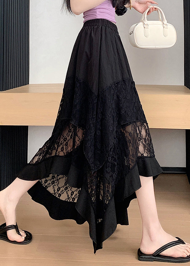 Elegant Black Asymmetrical Lace Patchwork Cotton Skirts