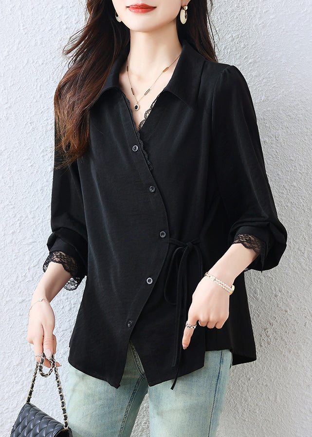 Elegant Black Asymmetrical Patchwork Tunic Shirt Top Fall