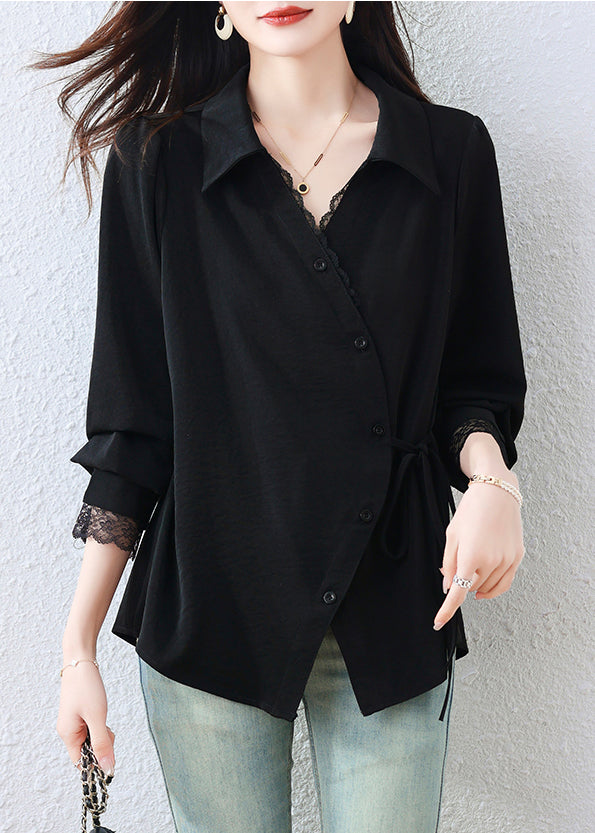 Elegant Black Asymmetrical Patchwork Tunic Shirt Top Fall
