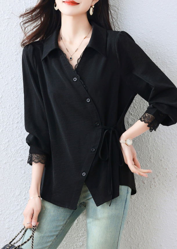 Elegant Black Asymmetrical Patchwork Tunic Shirt Top Fall