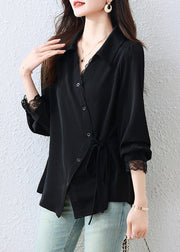 Elegant Black Asymmetrical Patchwork Tunic Shirt Top Fall
