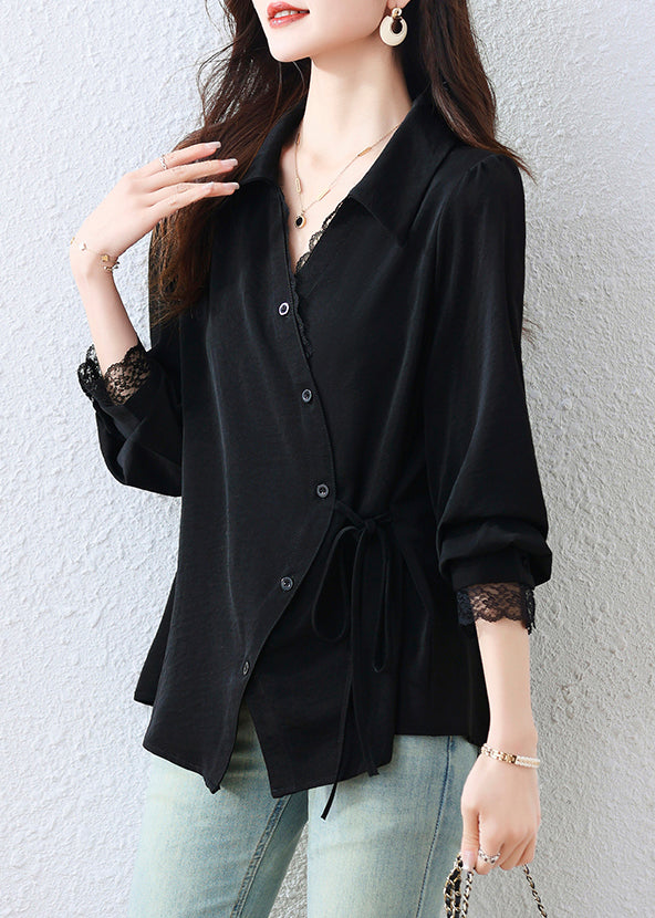 Elegant Black Asymmetrical Patchwork Tunic Shirt Top Fall