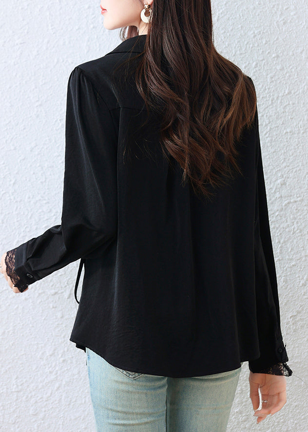 Elegant Black Asymmetrical Patchwork Tunic Shirt Top Fall