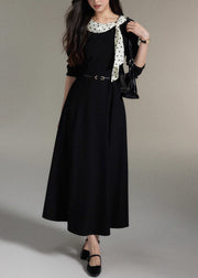 Elegant Black Bow Pockets Wool Long Dress Fall