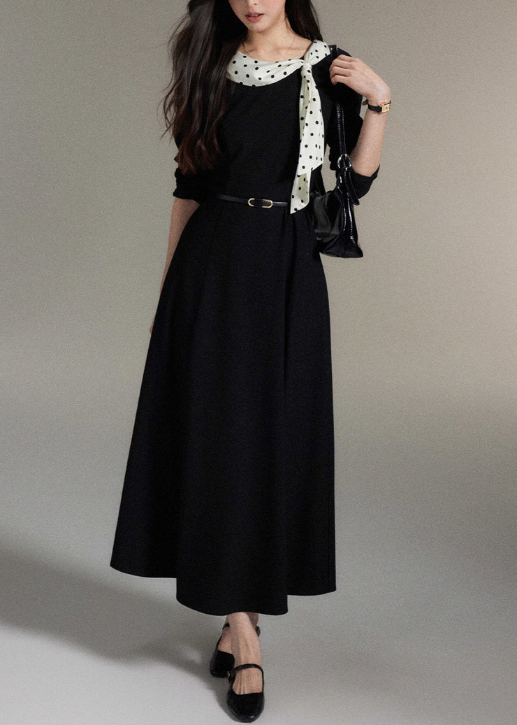 Elegant Black Bow Pockets Wool Long Dress Fall
